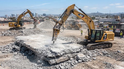 Hydraulic excavator breaker crushing heavy reinforced concrete slabs