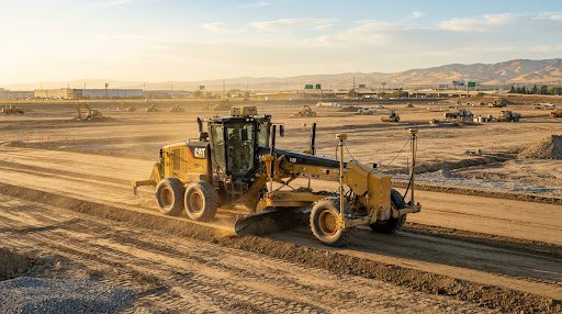 Active Caterpillar motor grader with dual Topcon GPS laser masts contouring subgrade soil