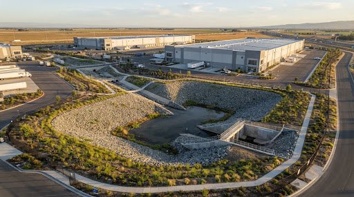 Completed engineered stormwater retention basin and rip-rap drainage swales
