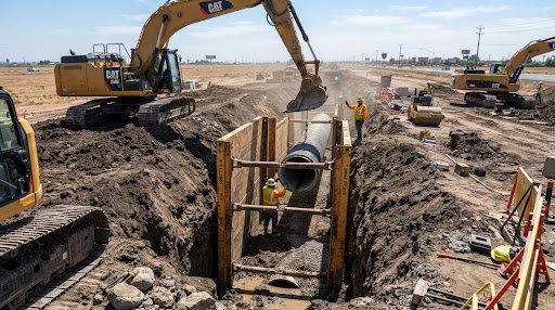Deep wet utility trenching with heavy steel trench shoring boxes in Stockton